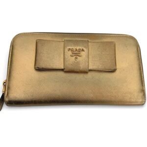 Prada Milano Metallic Gold Saffiano Zip Around Continental Wallet Leather